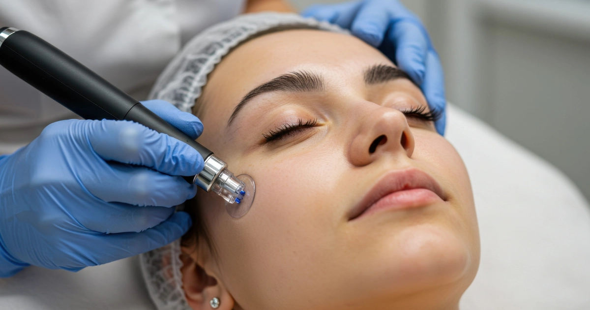 Licensed skincare professional performing a HydraFacial treatment on a woman’s face using a handheld device in a clinical spa setting in Forest Hills, NY